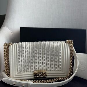 Chanel Calfskin‎ Pearl Medium Boy Bag Flap White Handbag